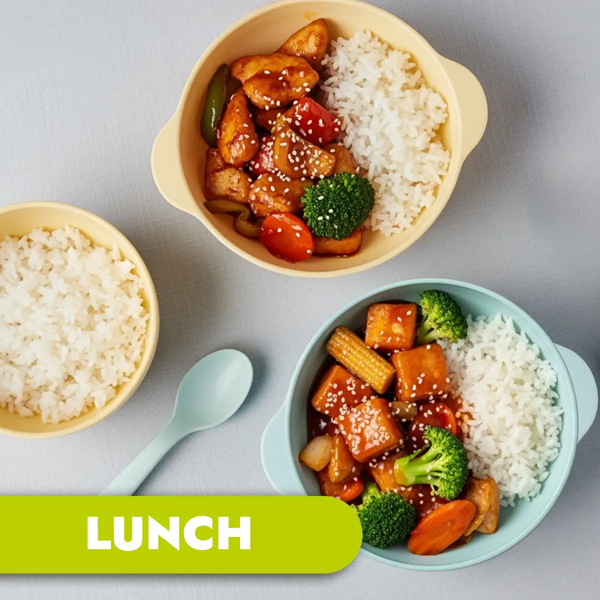 TLG Childcare meals. Two bowls of rice with Sticky Koream Chicken and vegetable, labeled 'LUNCH'.