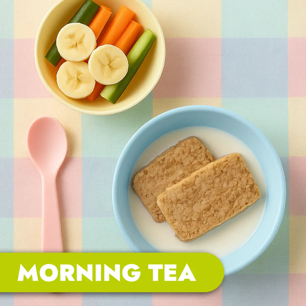 TLG Childcare meals. Children's morning tea weetbix, fruit, and vegetables on a checkered tablecloth.