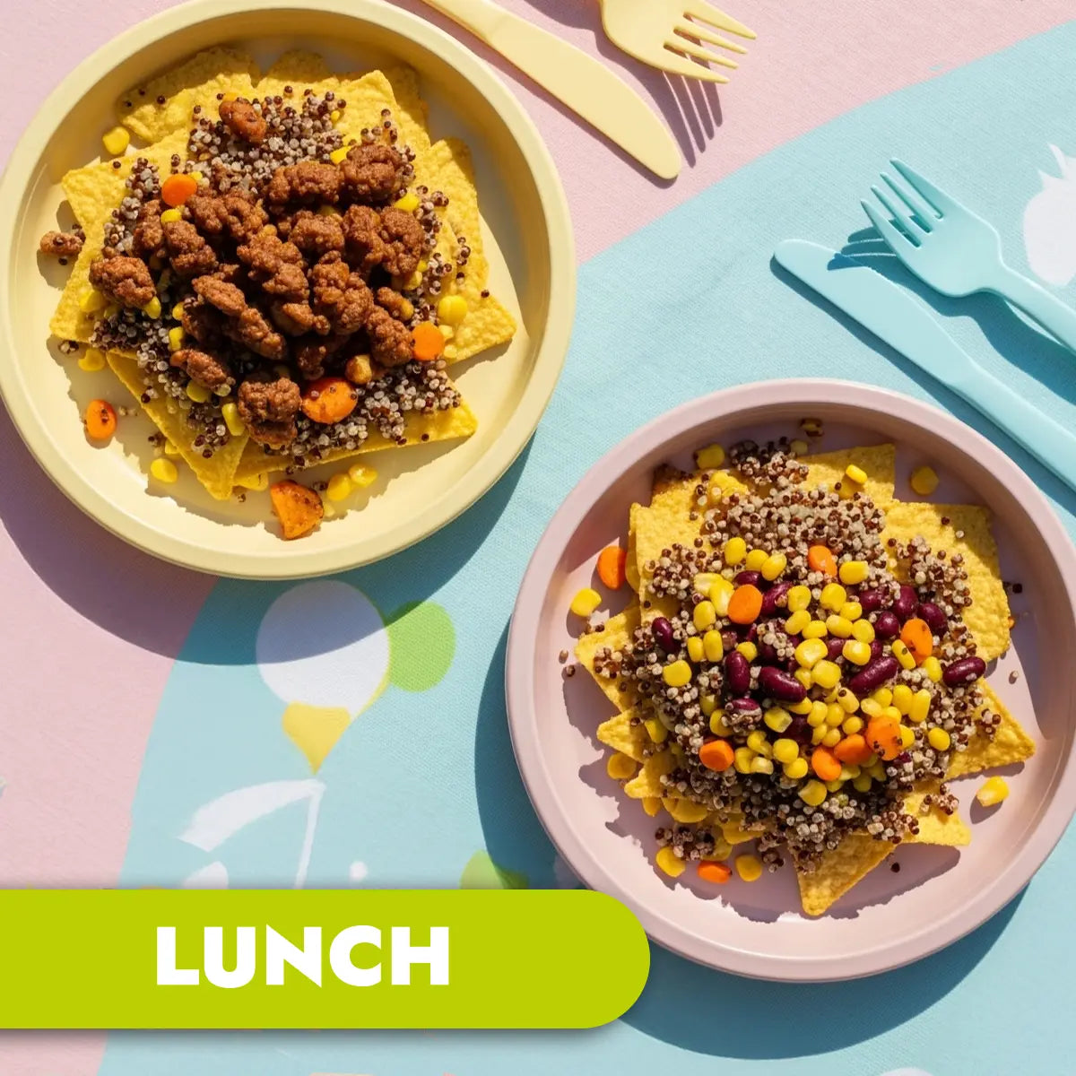 TLG Childcare meals. Two plates quinoa nachos on a colorful tablecloth with 'LUNCH' label.