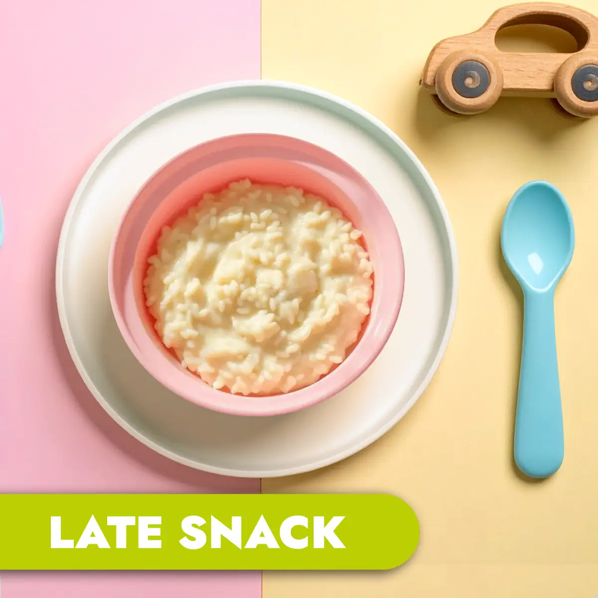 TLG Childcare meals. Creamy rice pudding in a pink bowl on a white plate with a blue spoon and wooden toy car on a pink and yellow background. Labelle late snack.