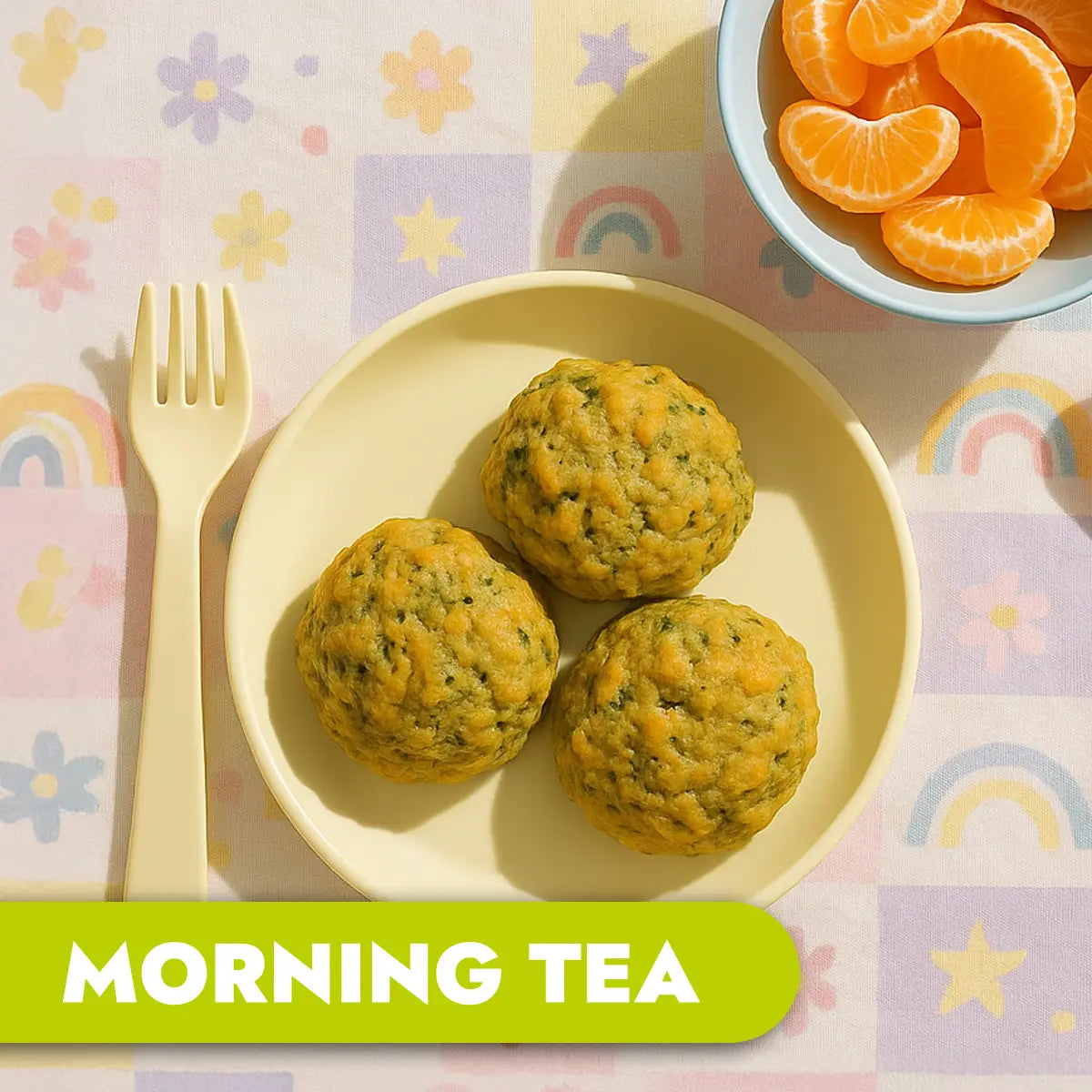 TLG Childcare meals. Three pumpkin and spinach scones on a yellow plate with a bowl of orange slices on a colorful tablecloth, labeled 'Morning Tea'.